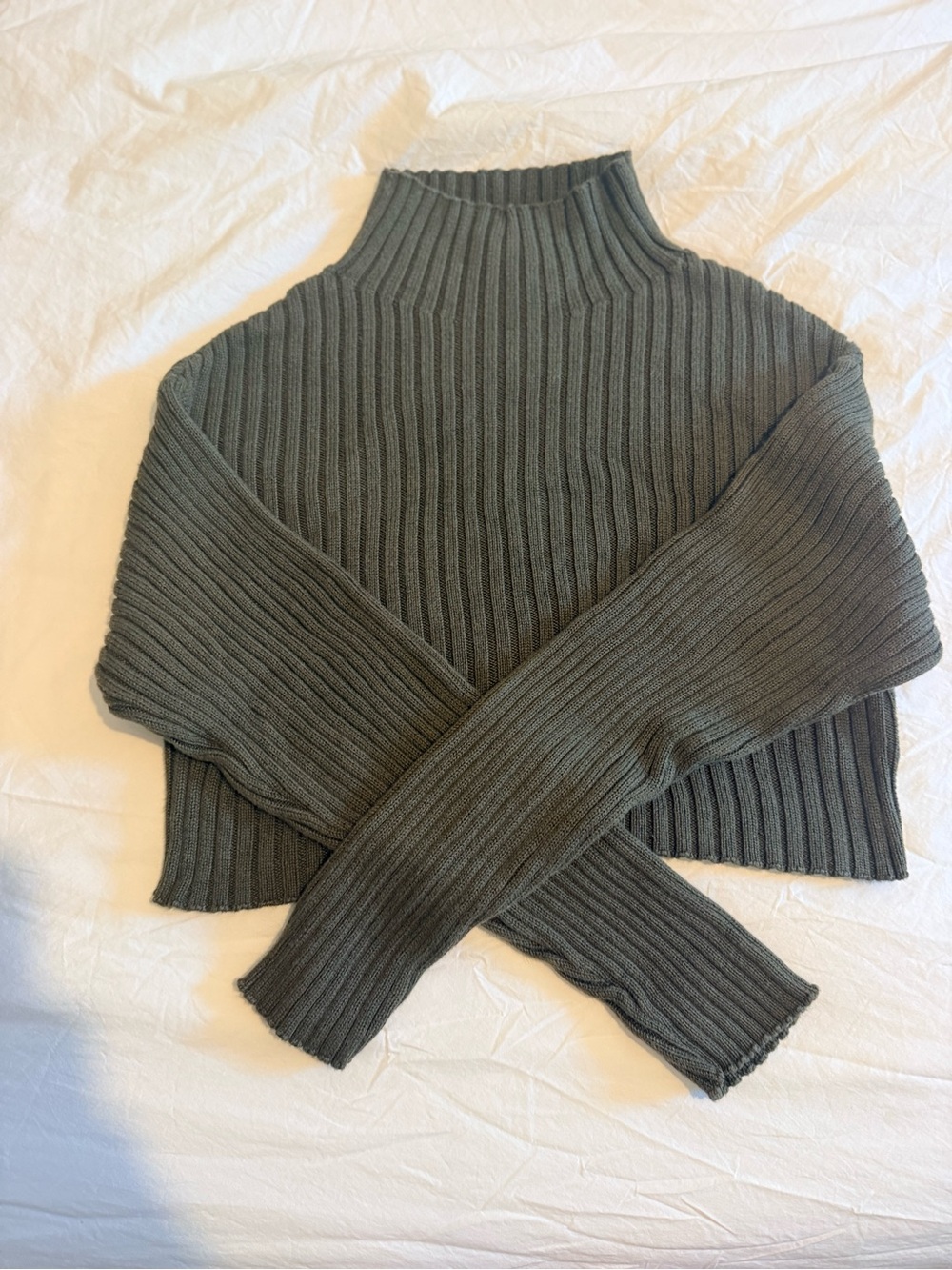 Bobi Army Green Cropped Pullover Sweater Size S Ribbed Knit